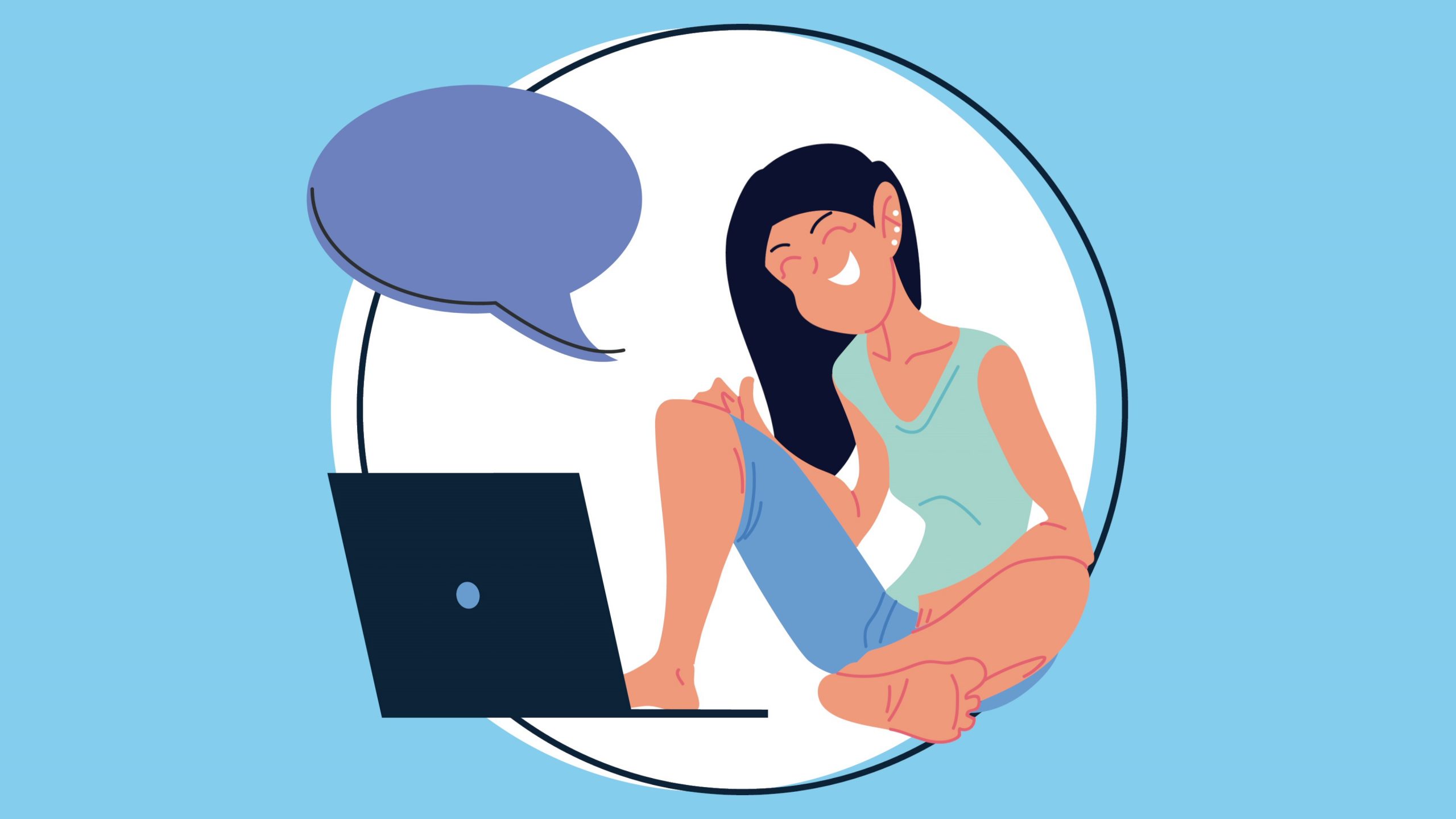 young-woman-in-telework-using-laptop-and-speech-bubble-SBI-350997874